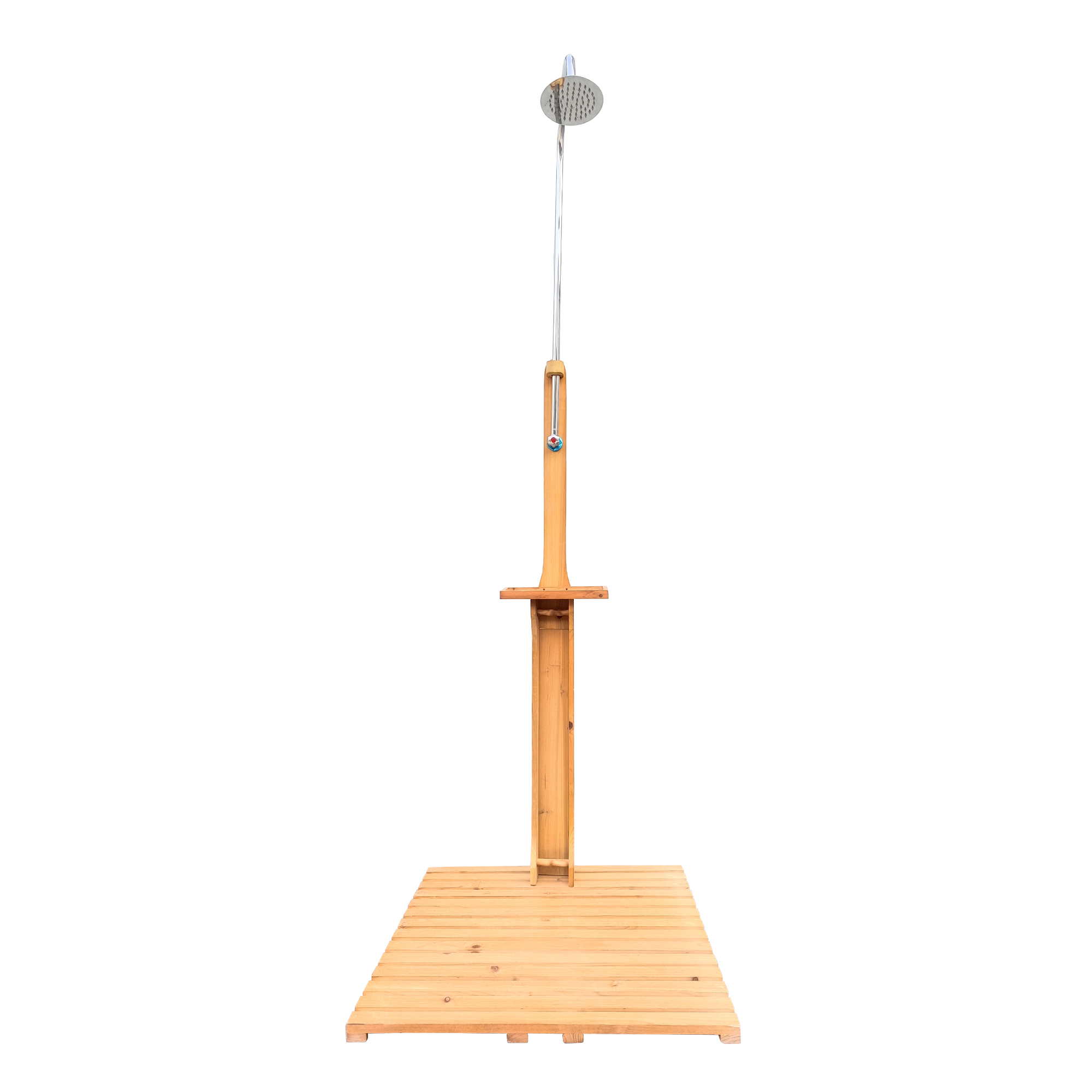 Solid Wood Outdoor Garden Shower with Base Stand - Freestanding Poolside Shower Column for Patio, Deck & Backyard