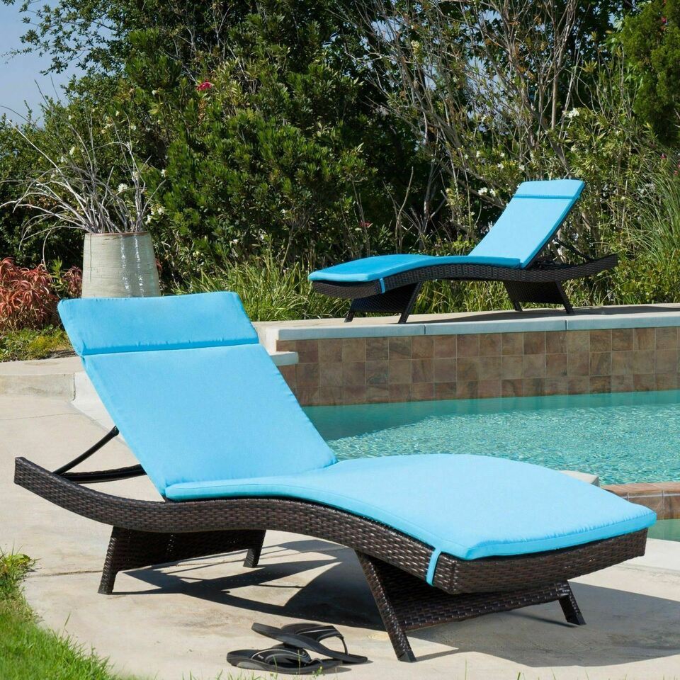 Salem Outdoor Chaise Lounge Cushion - Water-Resistant Blue Patio Lounger Pad with Ties