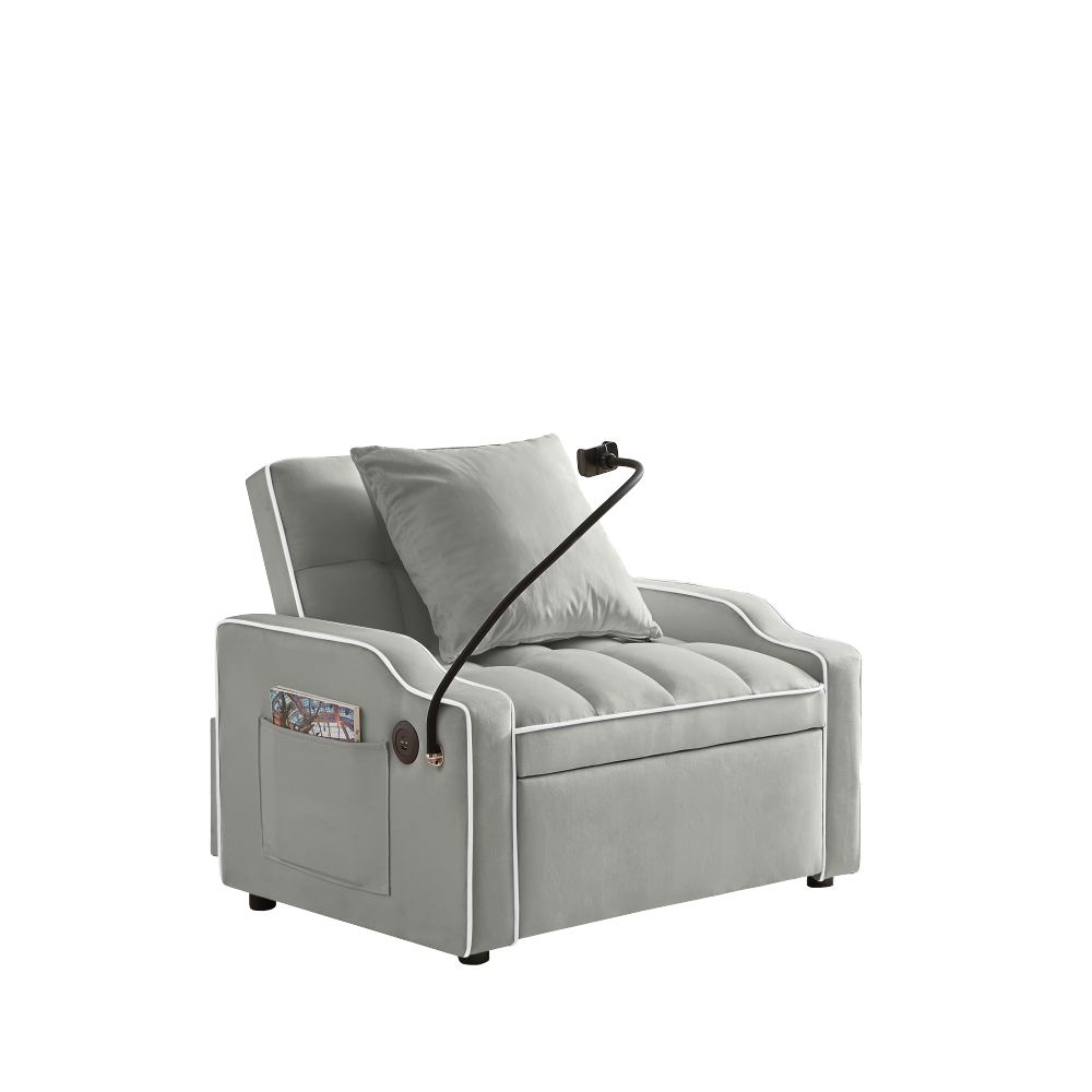 Velvet Convertible Sleeper Chair with USB & Phone Holder - 3-in-1 Adjustable Recliner Sofa Bed for Small Spaces