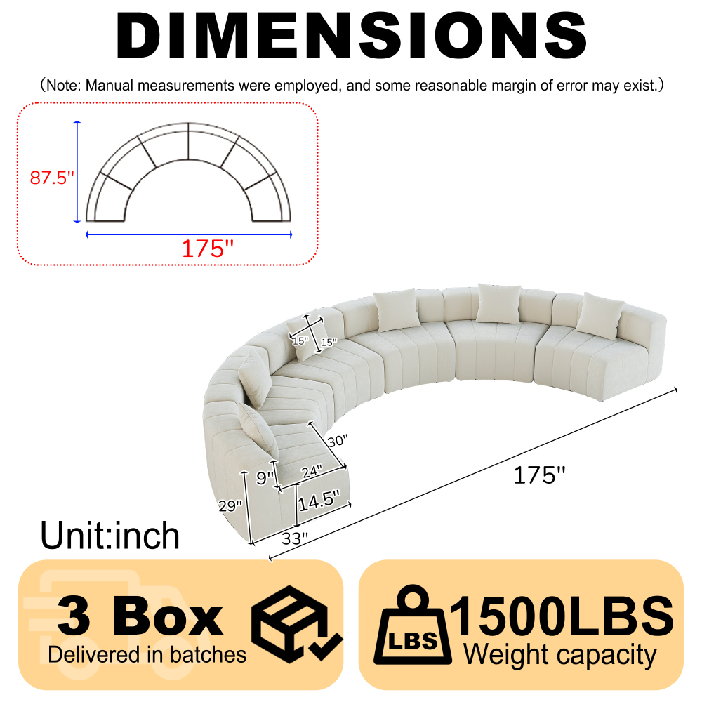 Chenille Curved Sectional Sofa - Modular Semi-Circular Couch with Piano Key Design & 6 Pillows