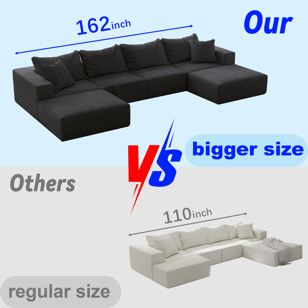 Oversized Modular Chenille Sectional Sofa - 162" L-Shaped Cloud Couch with 6 Pillows, No Assembly Required