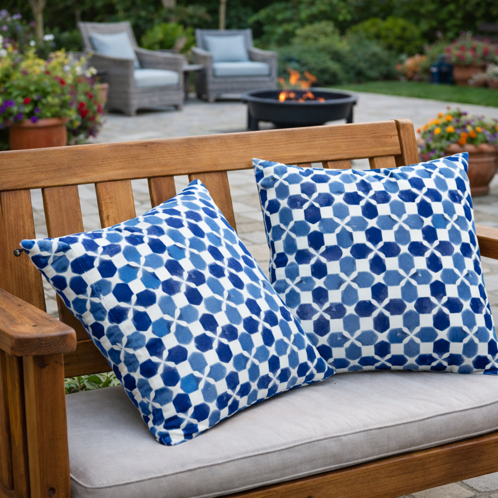 2 Pack Outdoor Throw Pillows - Waterproof & Fade-Resistant Patio Cushions with Geometric Blue Pattern