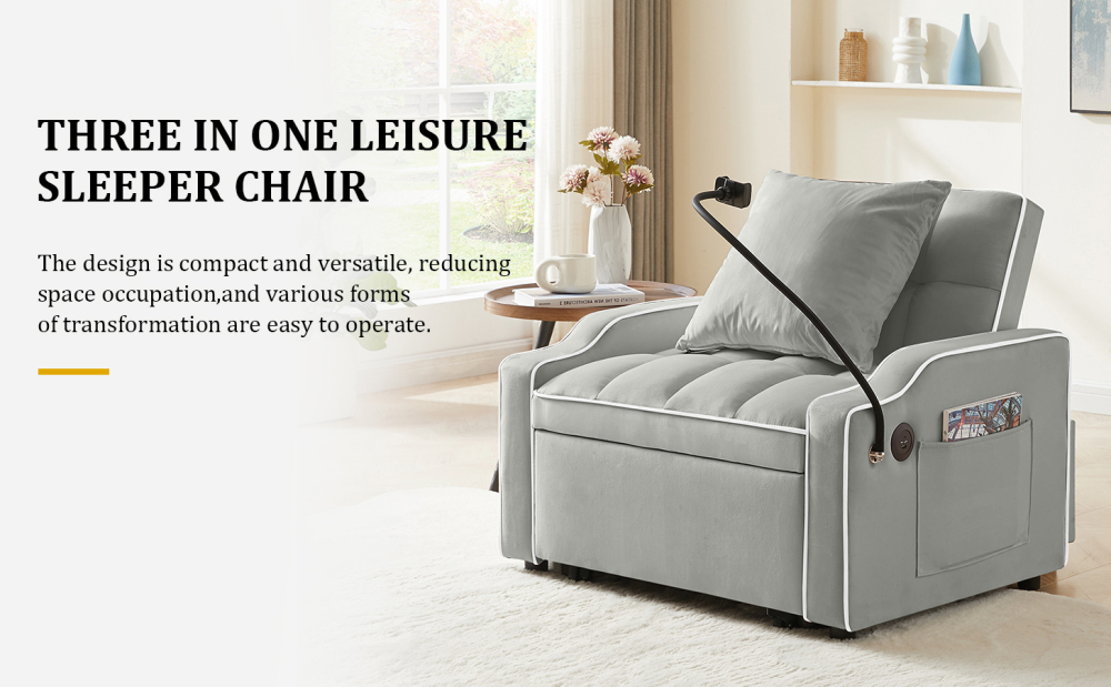 Velvet Convertible Sleeper Chair with USB & Phone Holder - 3-in-1 Adjustable Recliner Sofa Bed for Small Spaces