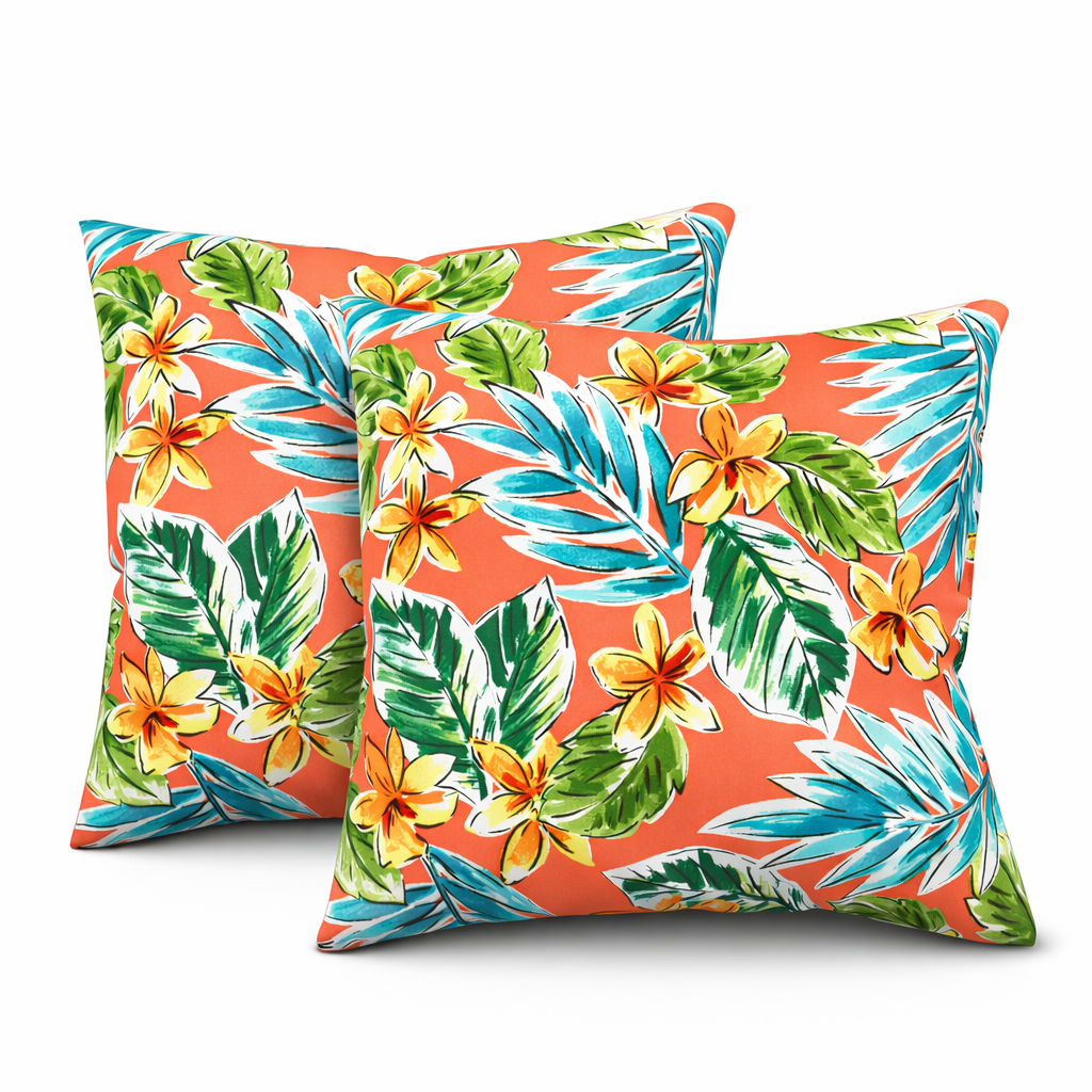 Set of 2 Waterproof Outdoor Throw Pillows - Bright Coral Pink Tropical Floral Patio Cushions, UV Resistant & Fade Proof Decor for Garden, Poolside Furniture (18x18 Inch)