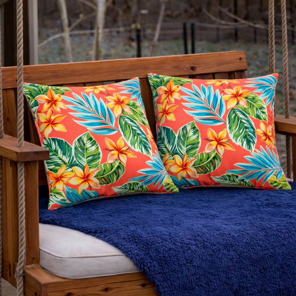 Set of 2 Waterproof Outdoor Throw Pillows - Bright Coral Pink Tropical Floral Patio Cushions, UV Resistant & Fade Proof Decor for Garden, Poolside Furniture (18x18 Inch)