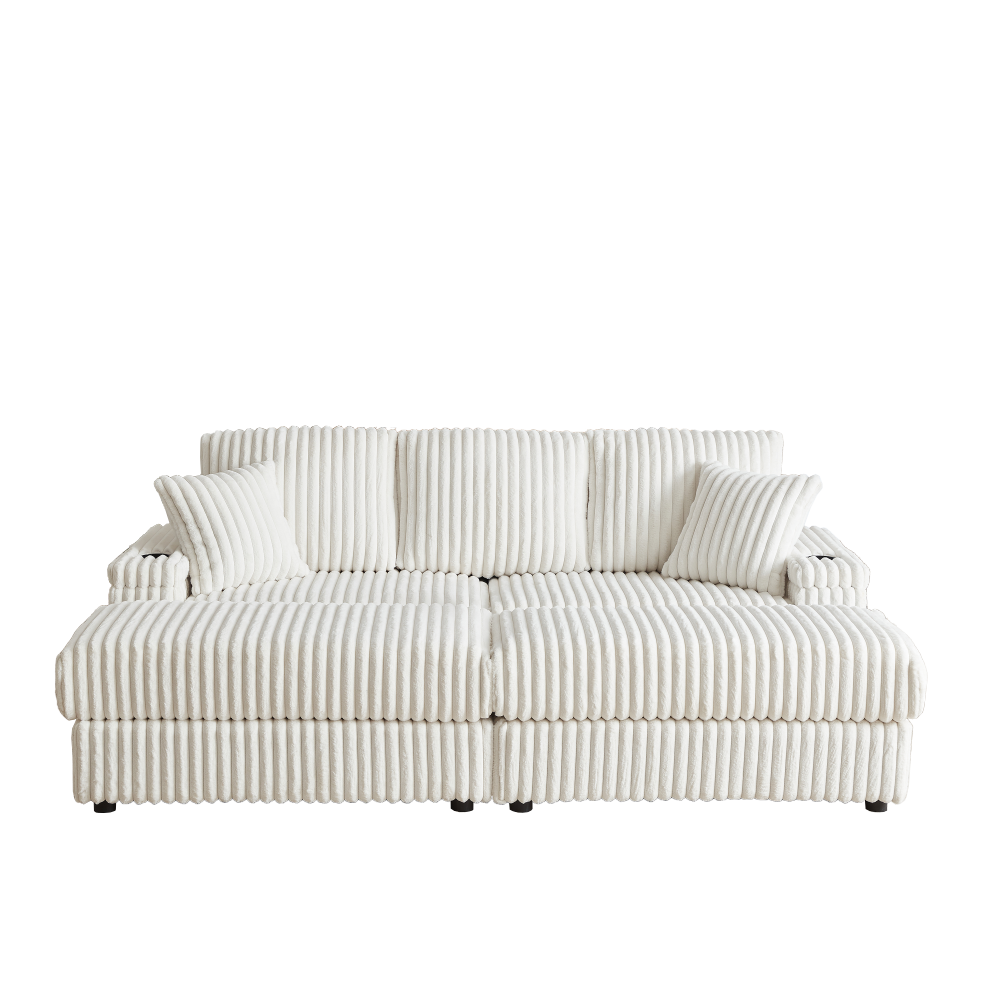 84" Corduroy 3-Seater Sofa with Ottoman & Storage, Deep Seat Couch with Cup Holders for Living Room