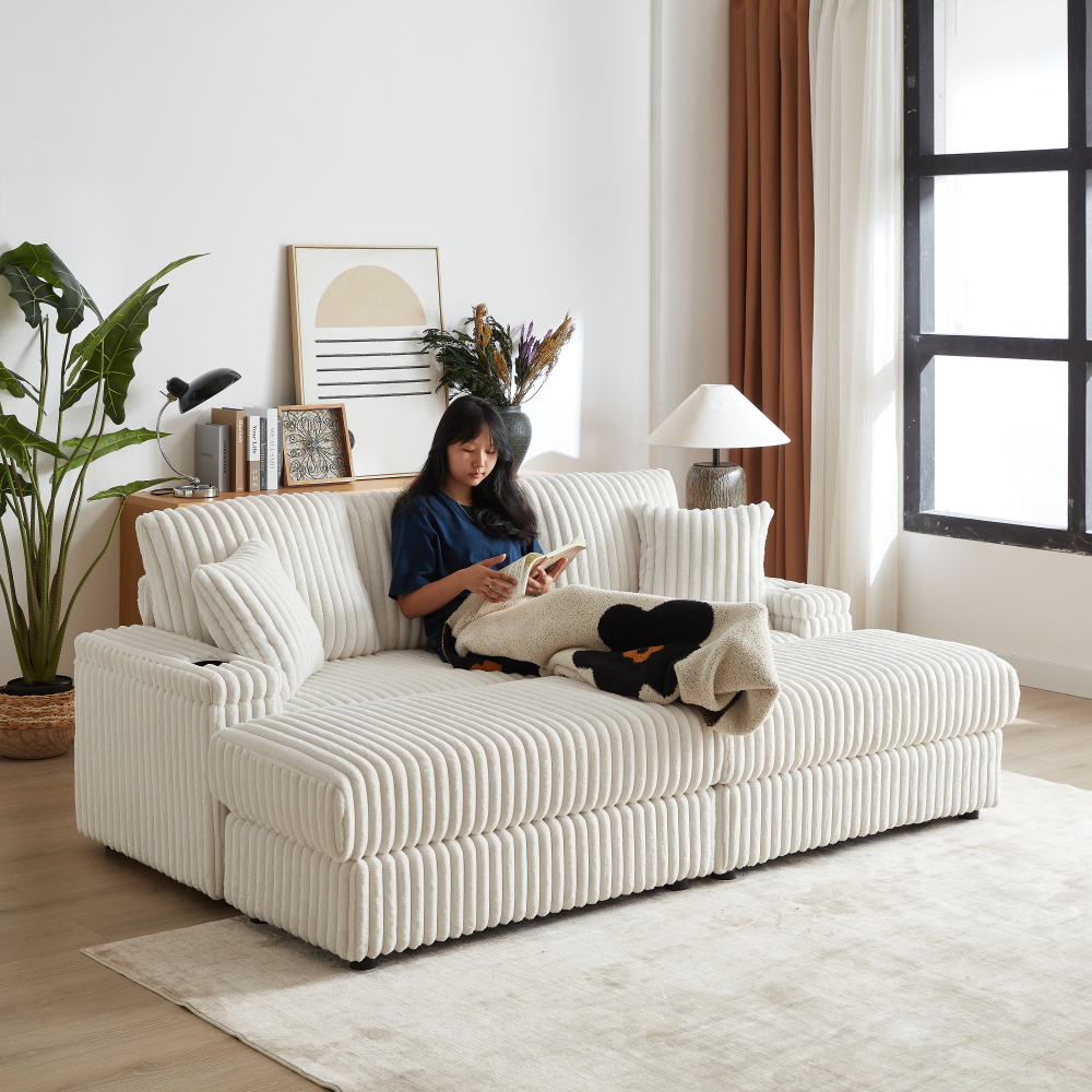 84" Corduroy 3-Seater Sofa with Ottoman & Storage, Deep Seat Couch with Cup Holders for Living Room