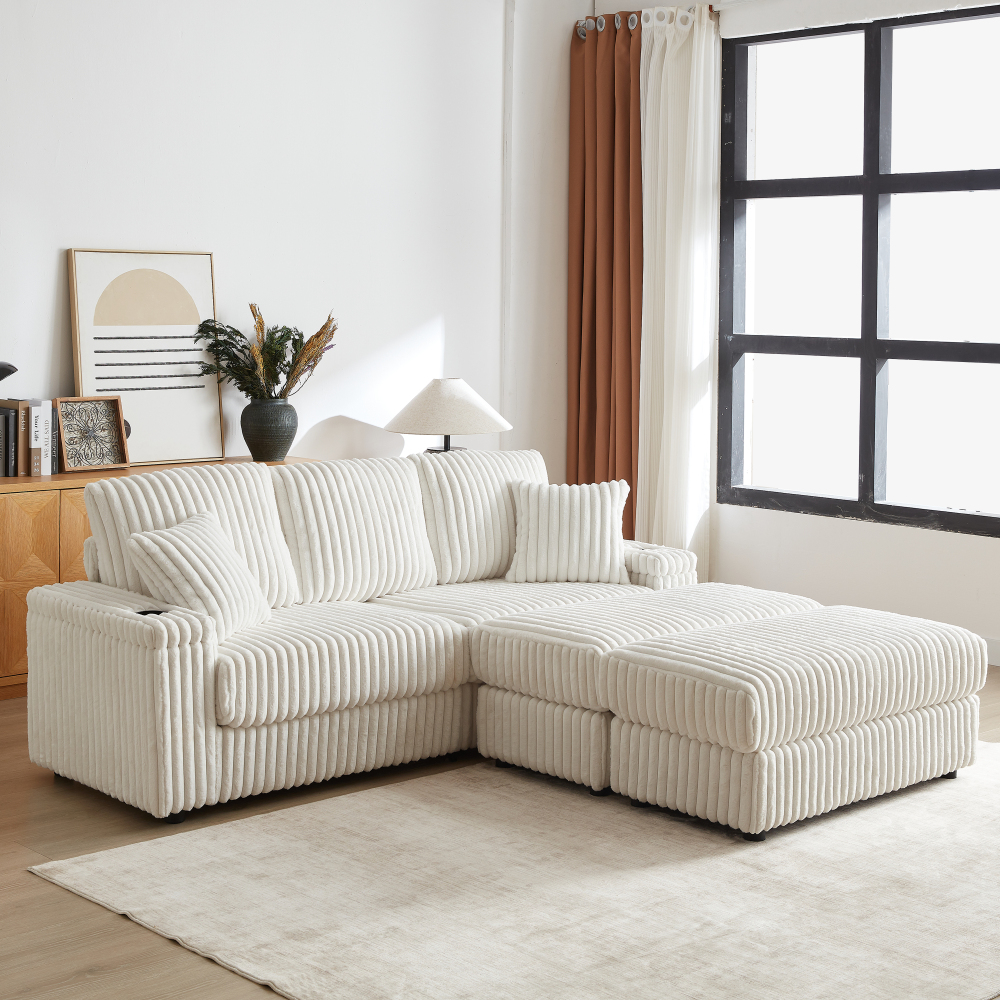 84" Corduroy 3-Seater Sofa with Ottoman & Storage, Deep Seat Couch with Cup Holders for Living Room