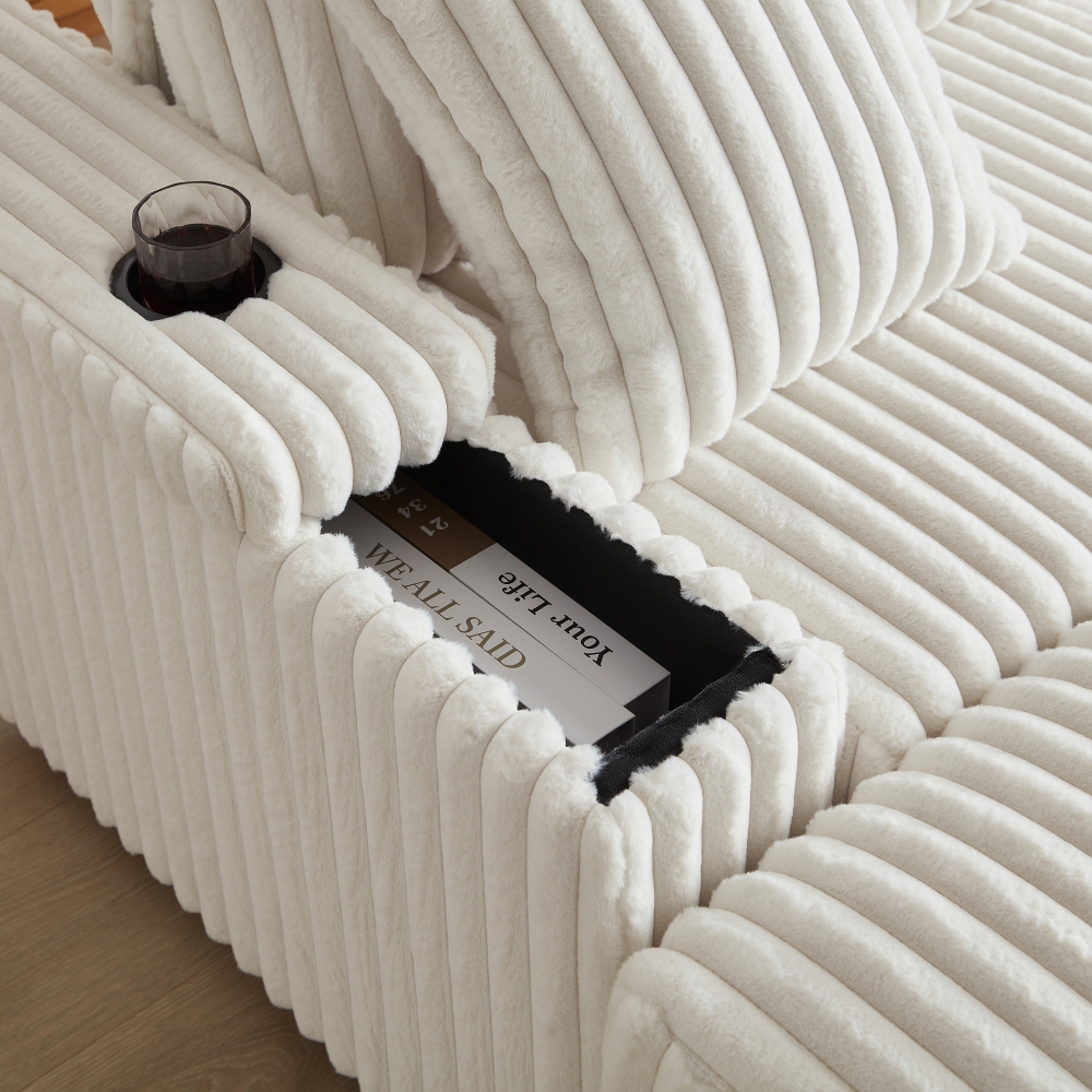 84" Corduroy 3-Seater Sofa with Ottoman & Storage, Deep Seat Couch with Cup Holders for Living Room