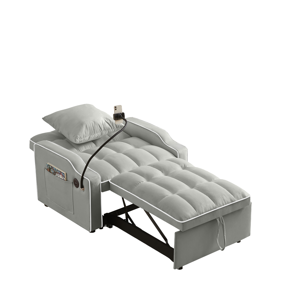Velvet Convertible Sleeper Chair with USB & Phone Holder - 3-in-1 Adjustable Recliner Sofa Bed for Small Spaces
