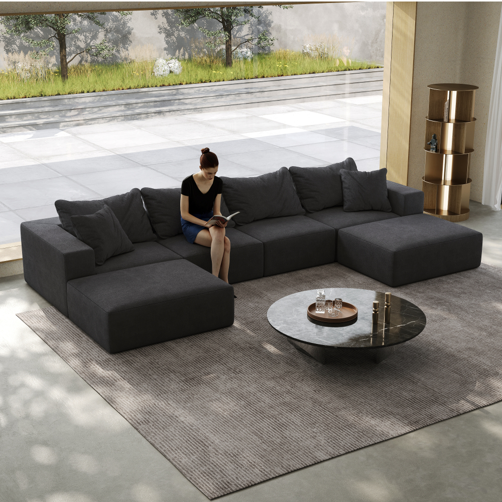 Oversized Modular Chenille Sectional Sofa - 162" L-Shaped Cloud Couch with 6 Pillows, No Assembly Required