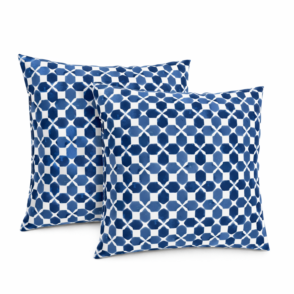 2 Pack Outdoor Throw Pillows - Waterproof & Fade-Resistant Patio Cushions with Geometric Blue Pattern