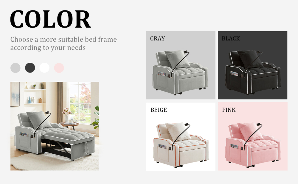 Velvet Convertible Sleeper Chair with USB & Phone Holder - 3-in-1 Adjustable Recliner Sofa Bed for Small Spaces