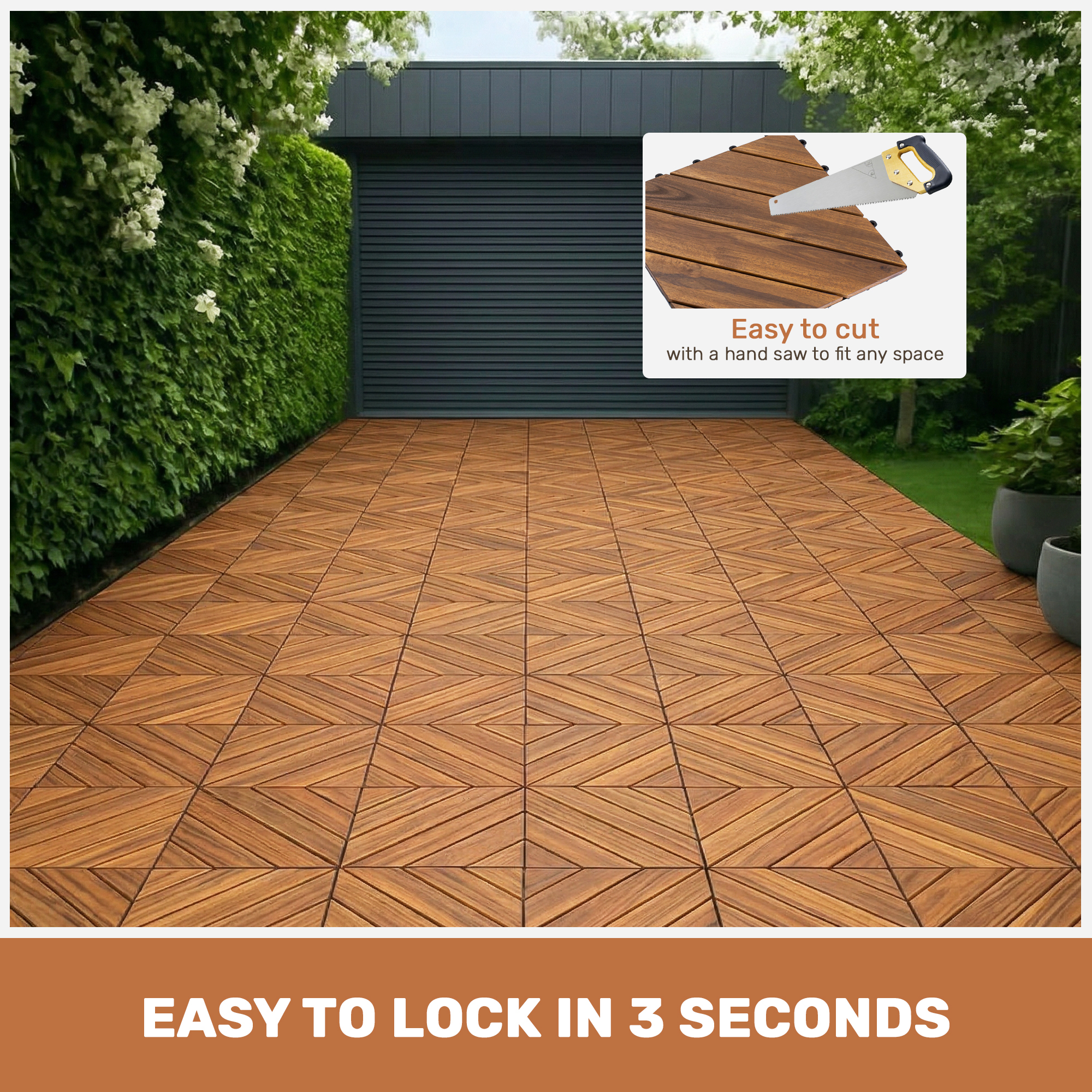 10-Piece Interlocking Deck Tiles - Natural Acacia Wood Outdoor Flooring for Patio, Garden & Balcony (Diagonal Pattern)