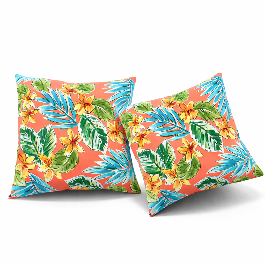 Set of 2 Waterproof Outdoor Throw Pillows - Bright Coral Pink Tropical Floral Patio Cushions, UV Resistant & Fade Proof Decor for Garden, Poolside Furniture (18x18 Inch)