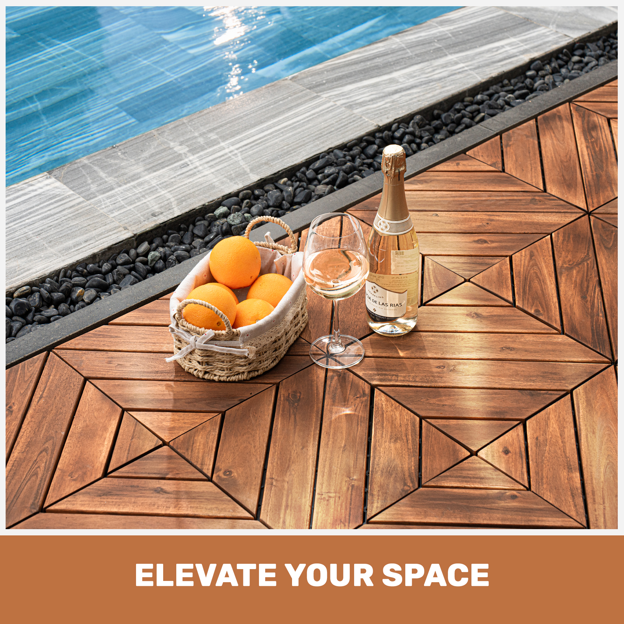 10-Piece Interlocking Deck Tiles - Natural Acacia Wood Outdoor Flooring for Patio, Garden & Balcony (Diagonal Pattern)
