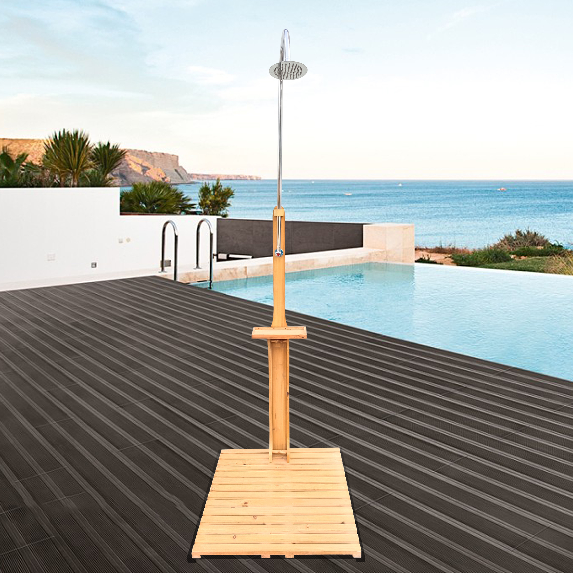 Solid Wood Outdoor Garden Shower with Base Stand - Freestanding Poolside Shower Column for Patio, Deck & Backyard