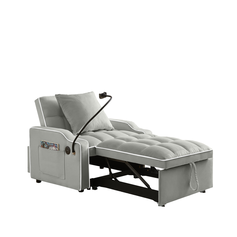 Velvet Convertible Sleeper Chair with USB & Phone Holder - 3-in-1 Adjustable Recliner Sofa Bed for Small Spaces