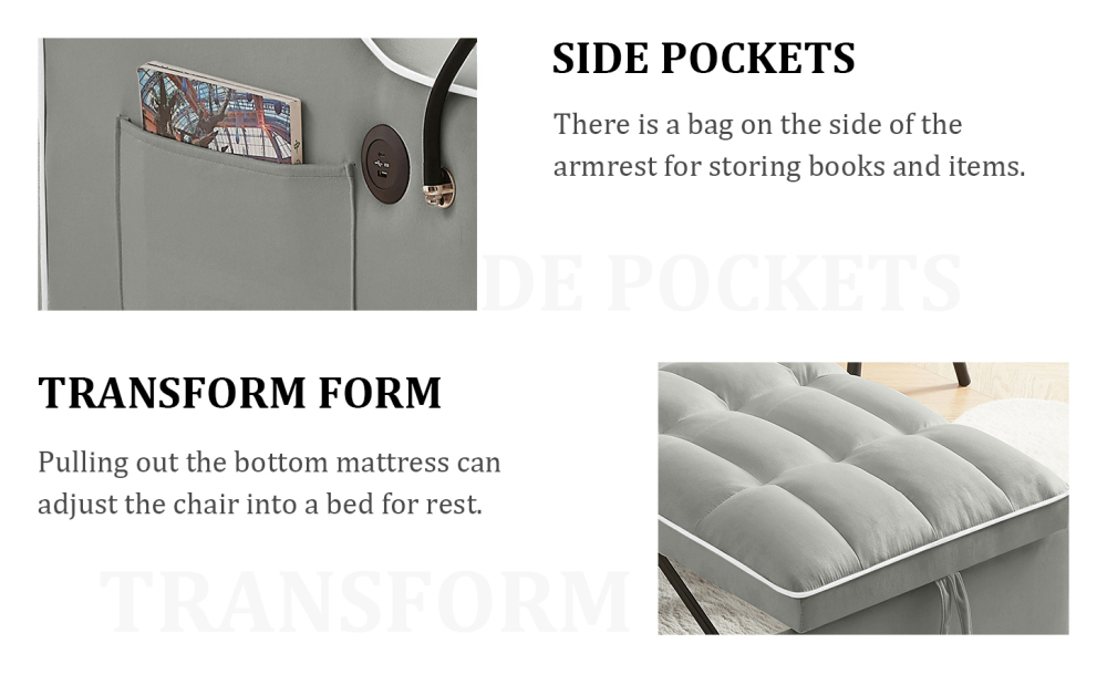 Velvet Convertible Sleeper Chair with USB & Phone Holder - 3-in-1 Adjustable Recliner Sofa Bed for Small Spaces