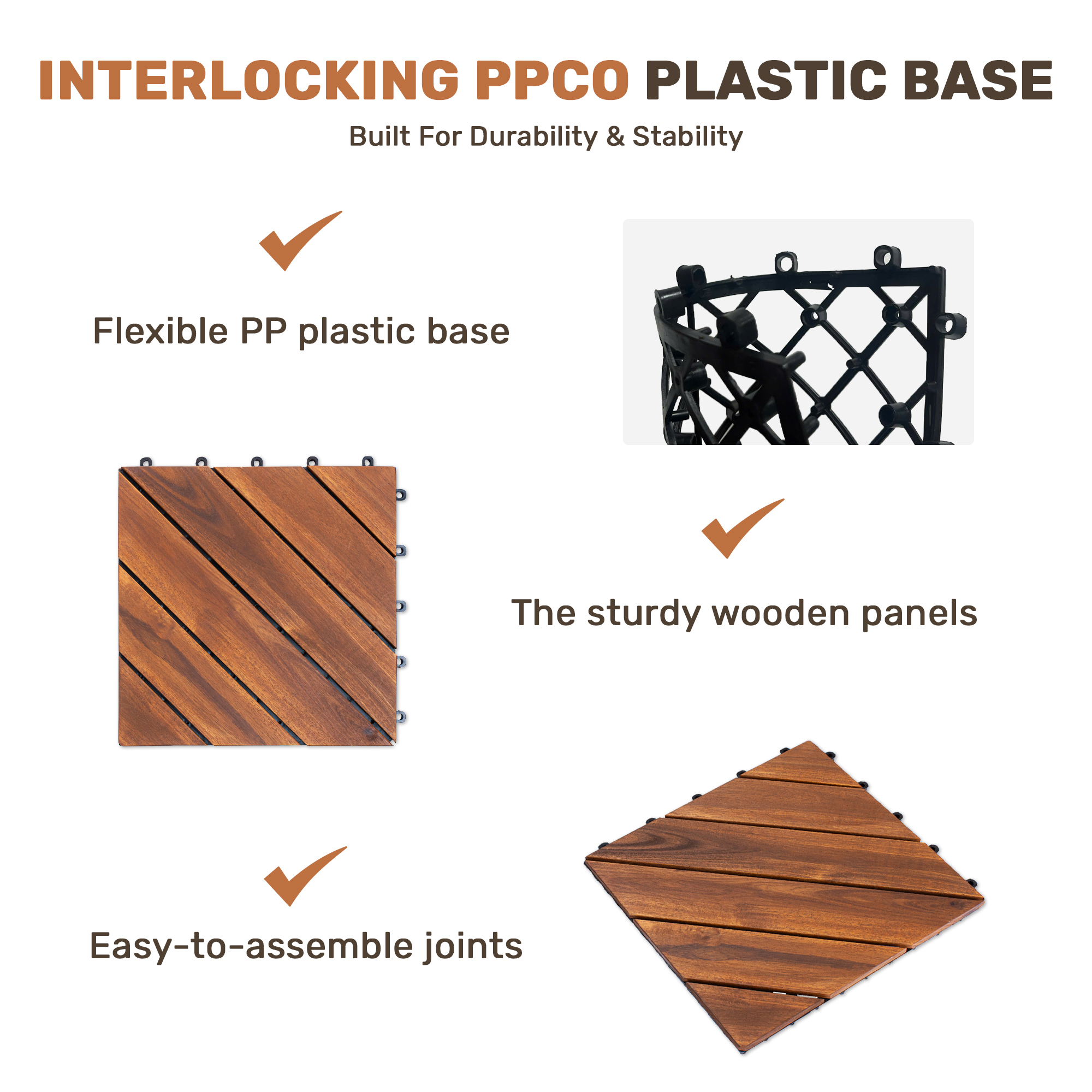 10-Piece Interlocking Deck Tiles - Natural Acacia Wood Outdoor Flooring for Patio, Garden & Balcony (Diagonal Pattern)