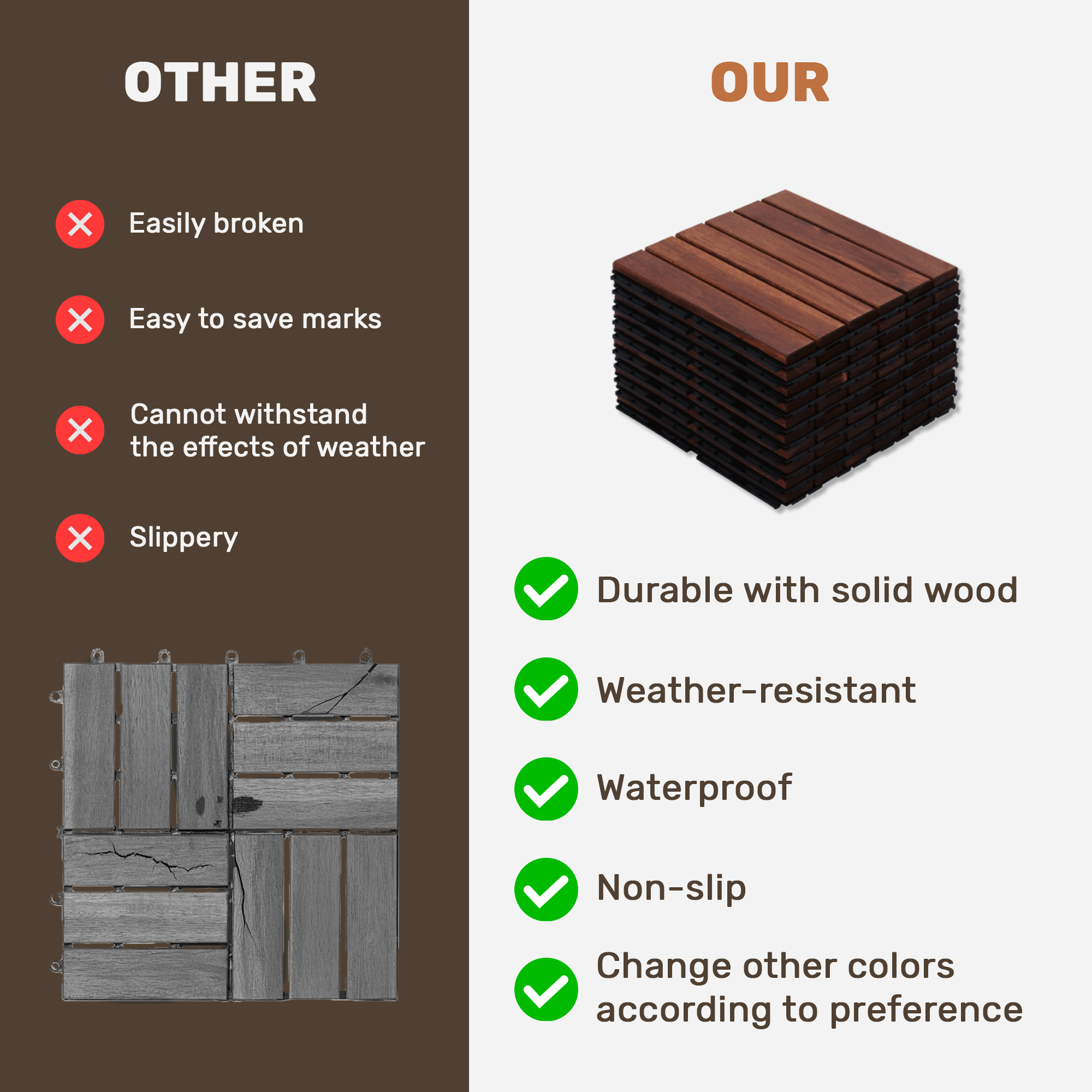 10-Piece Interlocking Acacia Hardwood Deck Tiles - 12"x12" Waterproof Outdoor Flooring for Patio, Balcony & Poolside