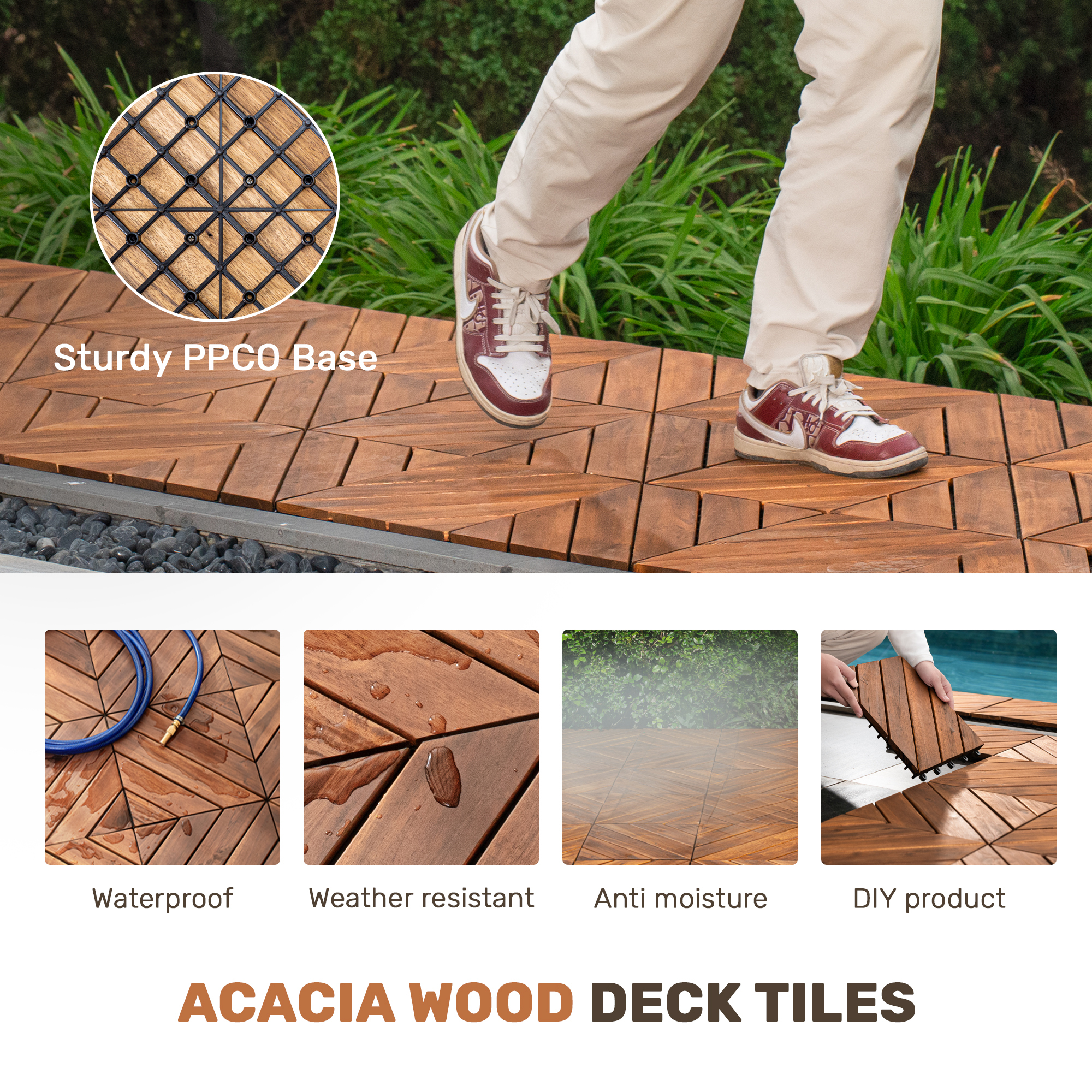 10-Piece Interlocking Deck Tiles - Natural Acacia Wood Outdoor Flooring for Patio, Garden & Balcony (Diagonal Pattern)