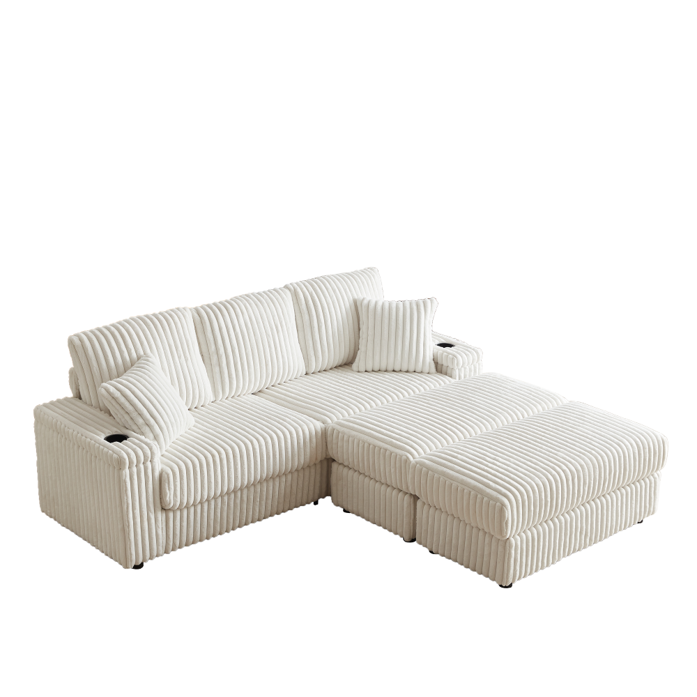 84" Corduroy 3-Seater Sofa with Ottoman & Storage, Deep Seat Couch with Cup Holders for Living Room