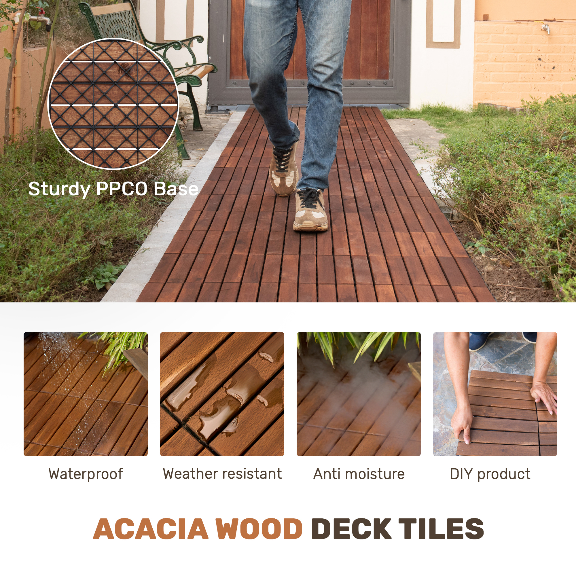 10-Piece Interlocking Acacia Hardwood Deck Tiles - 12"x12" Waterproof Outdoor Flooring for Patio, Balcony & Poolside