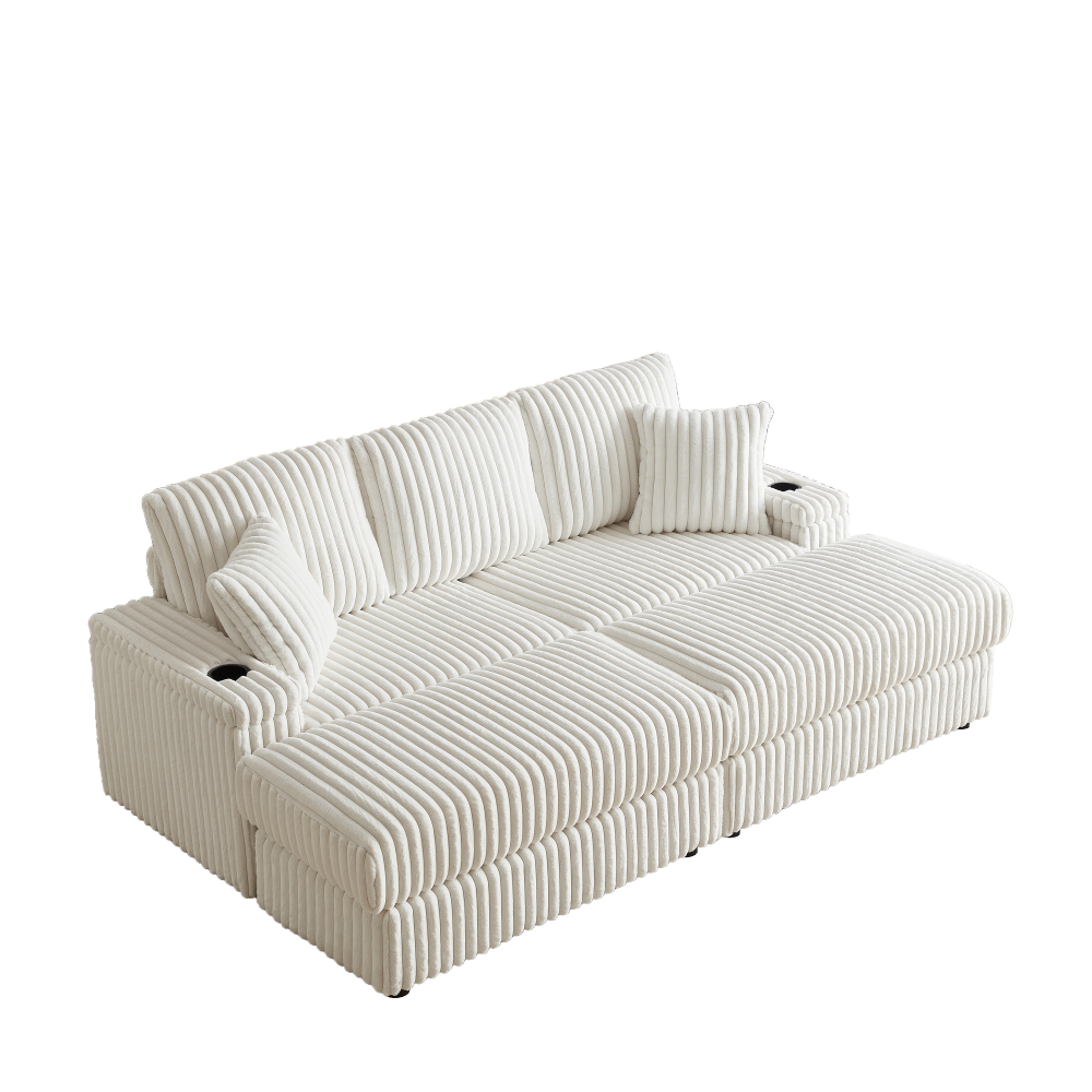 84" Corduroy 3-Seater Sofa with Ottoman & Storage, Deep Seat Couch with Cup Holders for Living Room