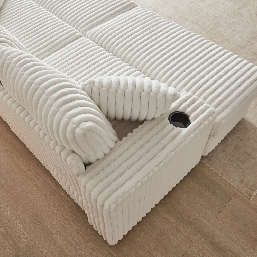 84" Corduroy 3-Seater Sofa with Ottoman & Storage, Deep Seat Couch with Cup Holders for Living Room