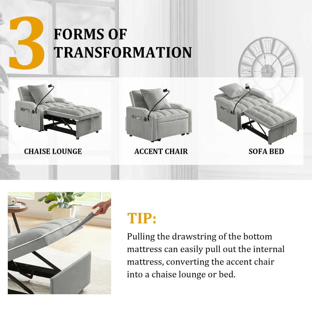 Velvet Convertible Sleeper Chair with USB & Phone Holder - 3-in-1 Adjustable Recliner Sofa Bed for Small Spaces