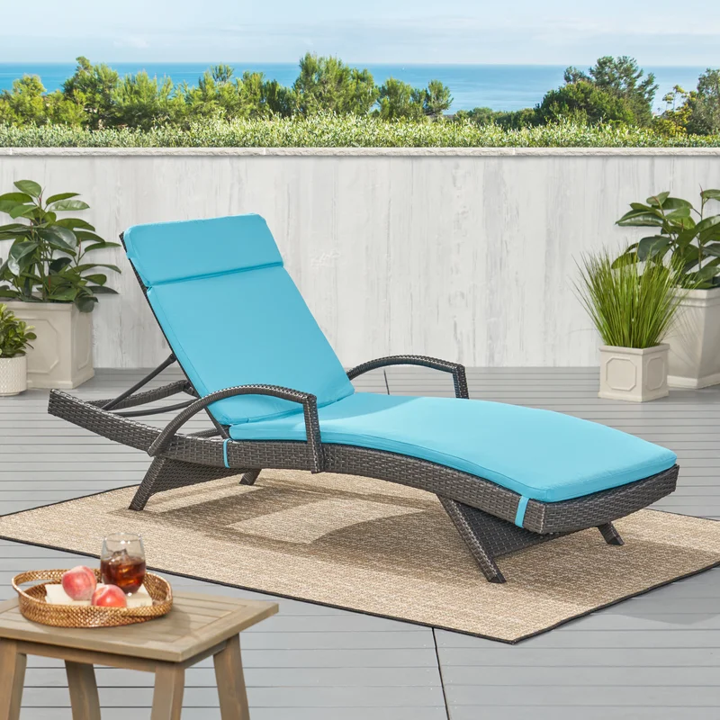 Salem Outdoor Chaise Lounge Cushion - Water-Resistant Blue Patio Lounger Pad with Ties