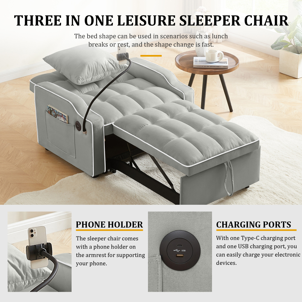 Velvet Convertible Sleeper Chair with USB & Phone Holder - 3-in-1 Adjustable Recliner Sofa Bed for Small Spaces