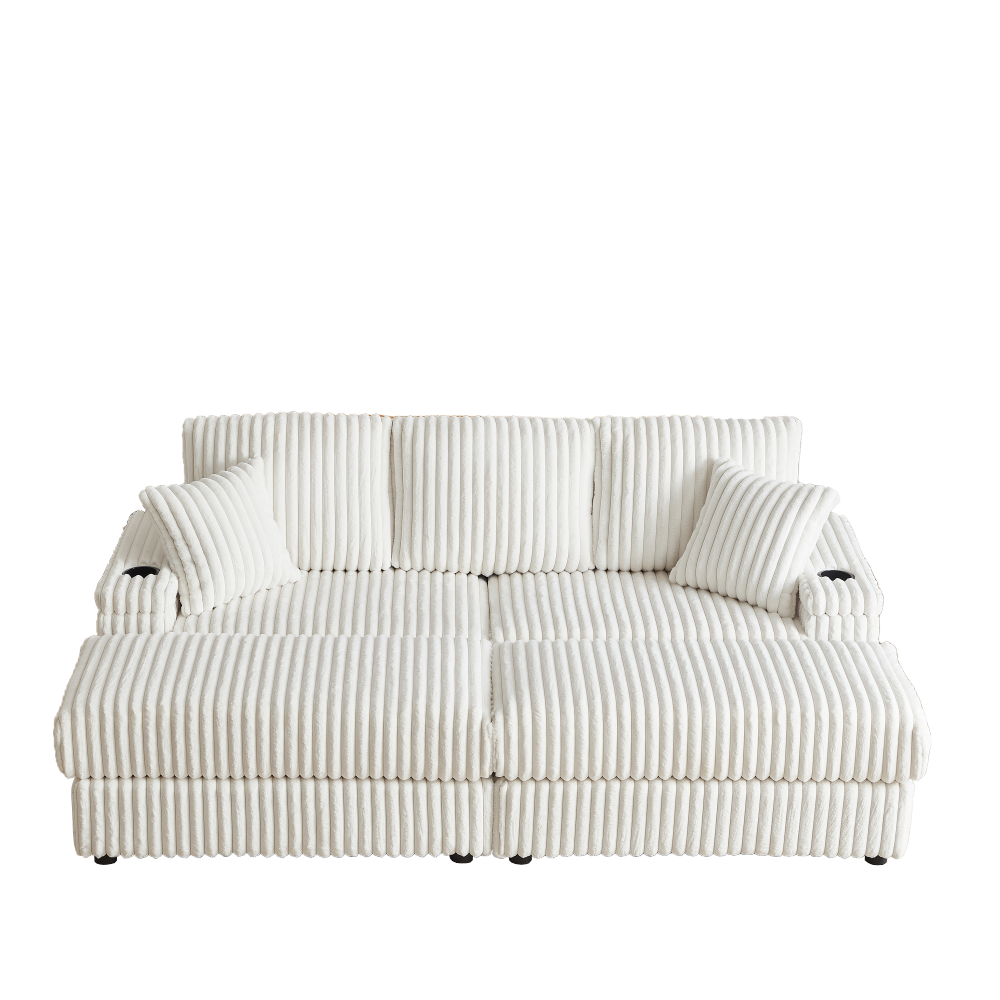 84" Corduroy 3-Seater Sofa with Ottoman & Storage, Deep Seat Couch with Cup Holders for Living Room