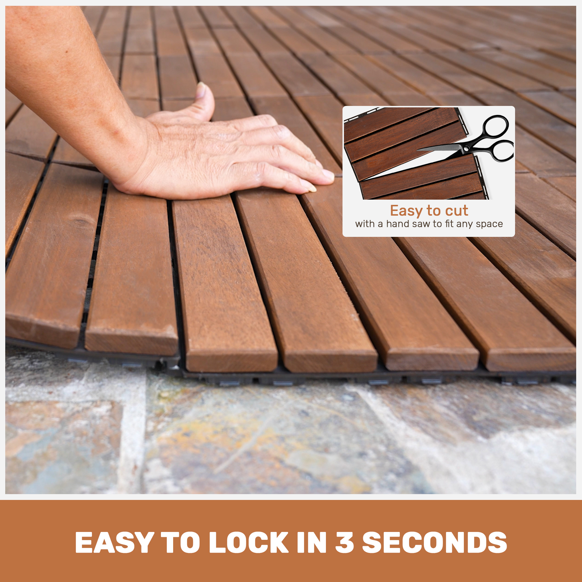 10-Piece Interlocking Acacia Hardwood Deck Tiles - 12"x12" Waterproof Outdoor Flooring for Patio, Balcony & Poolside
