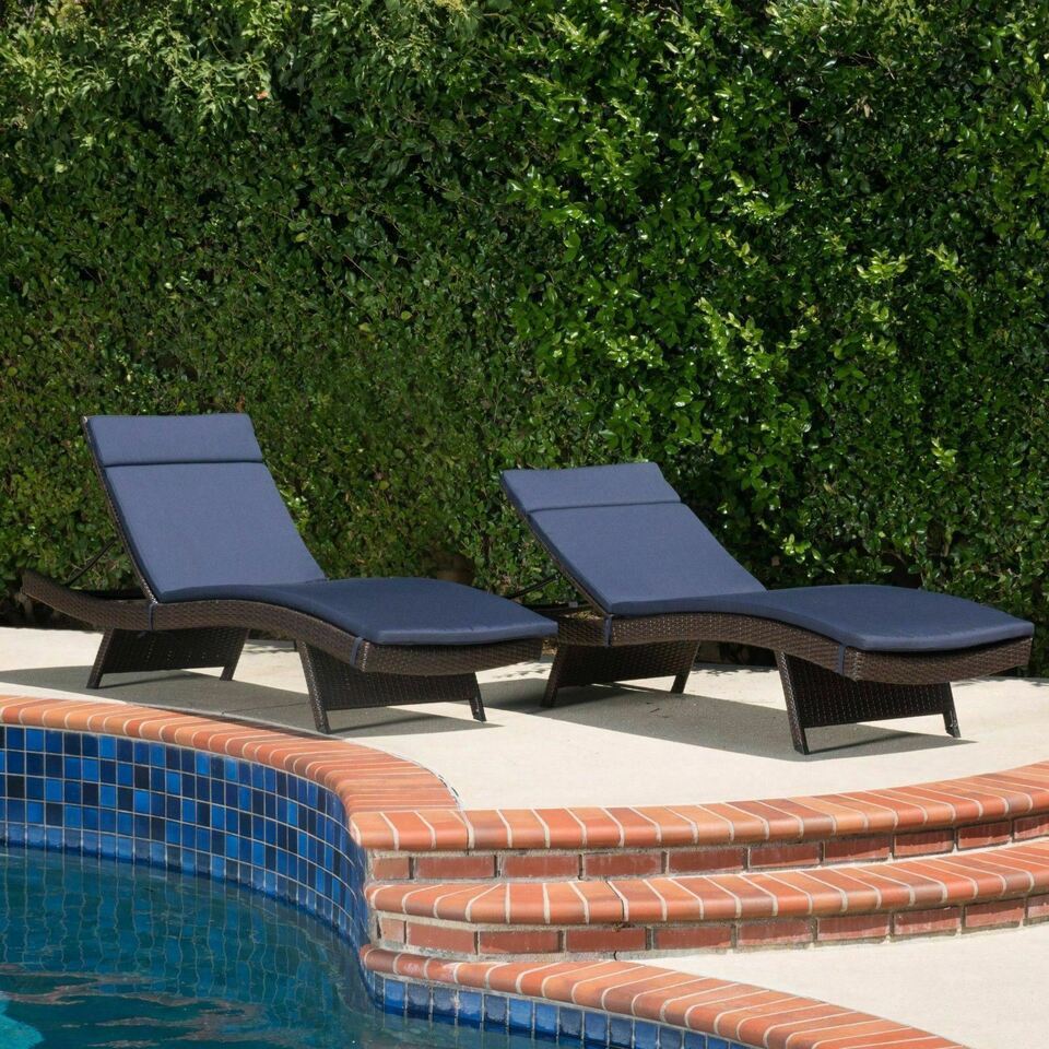 Navy Blue Outdoor Chaise Lounge Cushion - Water Resistant Patio Replacement Pad with Ties