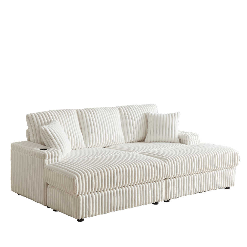 84" Corduroy 3-Seater Sofa with Ottoman & Storage, Deep Seat Couch with Cup Holders for Living Room