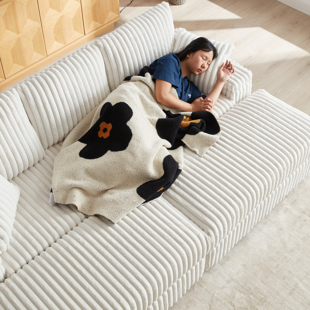 84" Corduroy 3-Seater Sofa with Ottoman & Storage, Deep Seat Couch with Cup Holders for Living Room