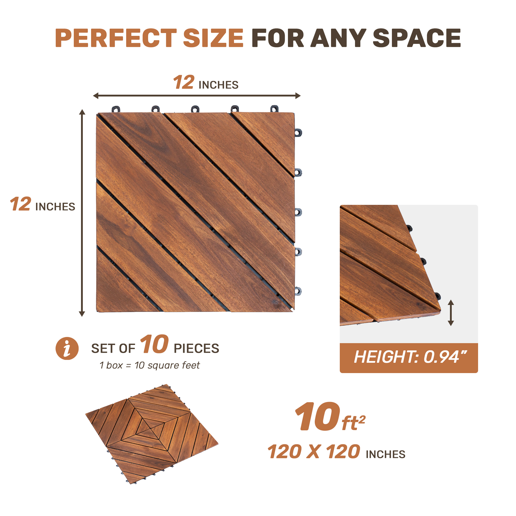 10-Piece Interlocking Deck Tiles - Natural Acacia Wood Outdoor Flooring for Patio, Garden & Balcony (Diagonal Pattern)