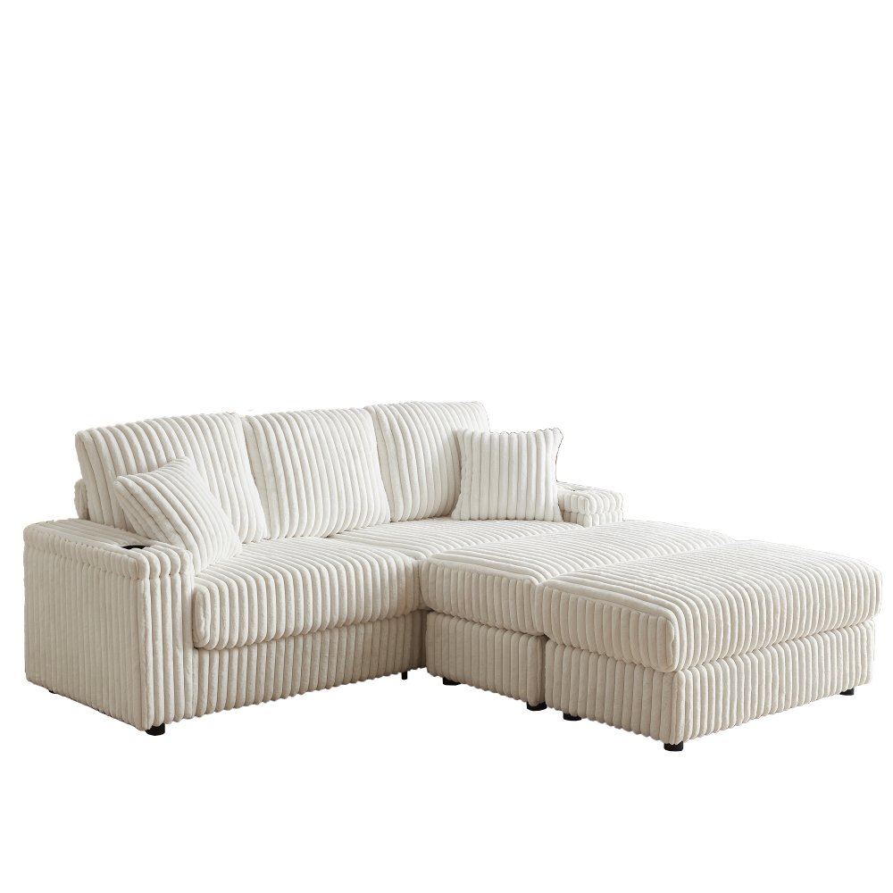 84" Corduroy 3-Seater Sofa with Ottoman & Storage, Deep Seat Couch with Cup Holders for Living Room