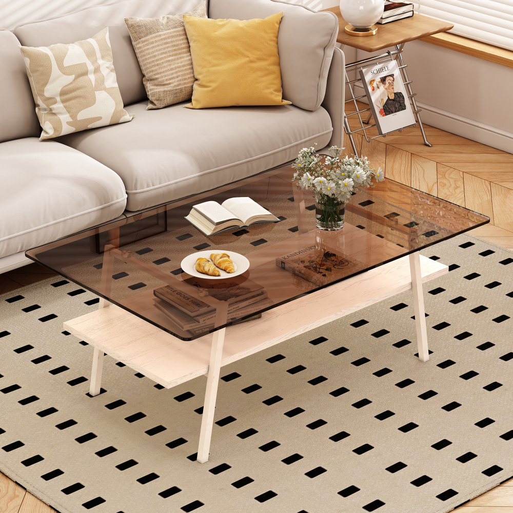Modern Rectangle Coffee Table with Tempered Brown Glass Top & White Metal Legs, Contemporary Living Room Furniture with MDF Storage Shelf