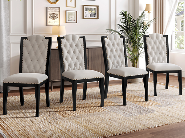 Elegant 6-Piece Dining Table Set with Bench - Modern Black Rectangular Kitchen Table & 4 Tufted High-Back Chairs for Farmhouse Home Decor