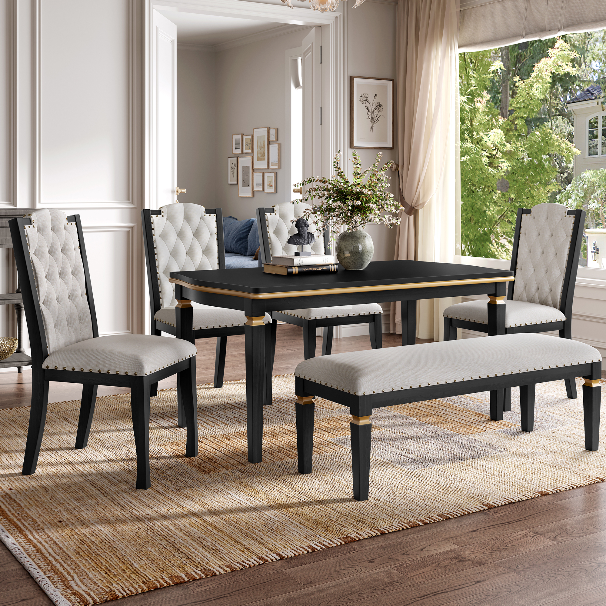 Elegant 6-Piece Dining Table Set with Bench - Modern Black Rectangular Kitchen Table & 4 Tufted High-Back Chairs for Farmhouse Home Decor