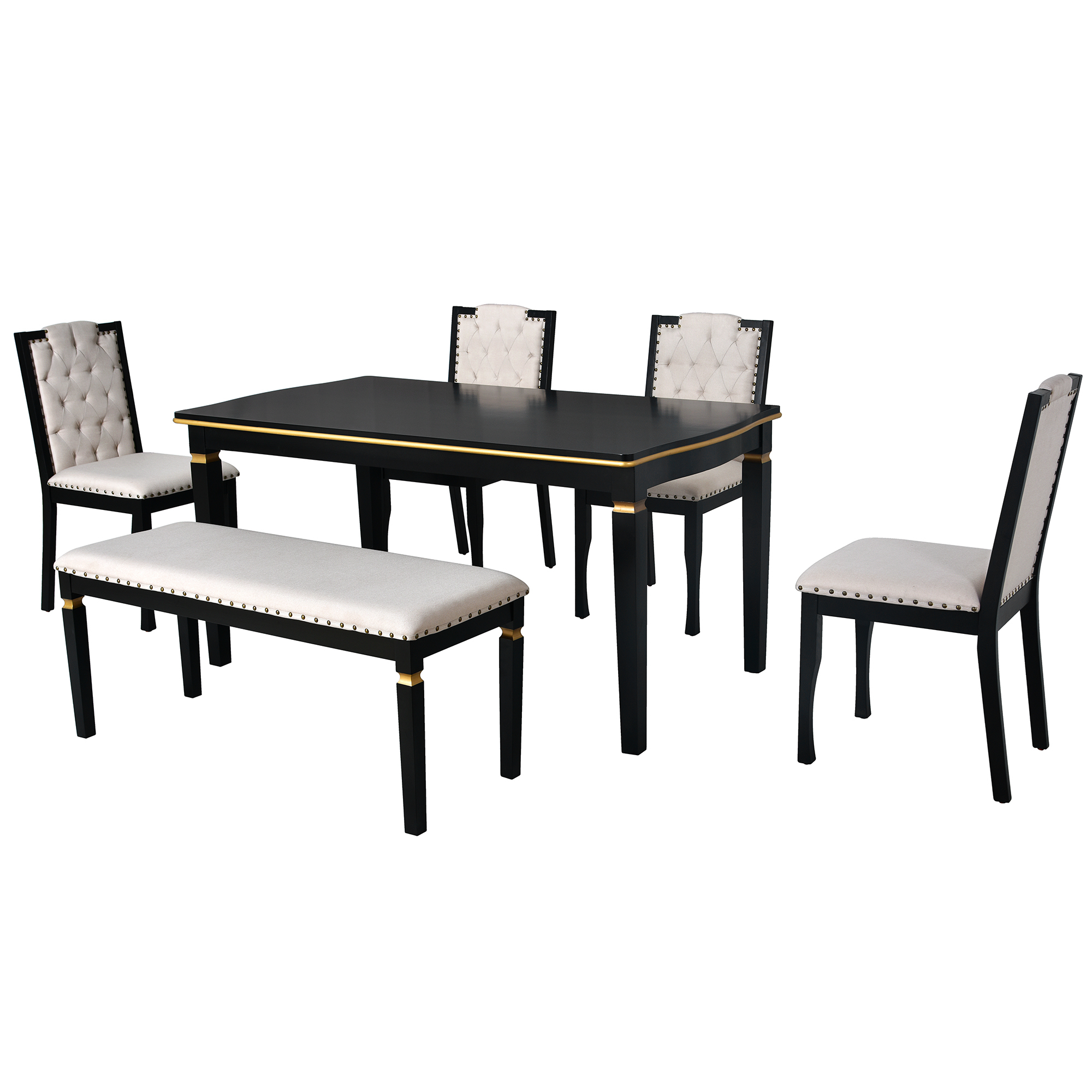 Elegant 6-Piece Dining Table Set with Bench - Modern Black Rectangular Kitchen Table & 4 Tufted High-Back Chairs for Farmhouse Home Decor