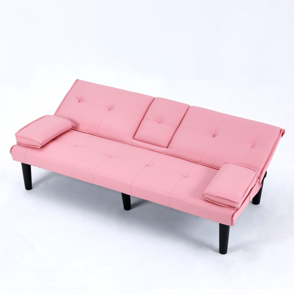 67-Inch Pink Convertible Sofa Bed with Cup Holders & Armrests - Modern PVC Sleeper Loveseat for Small Spaces, Dorms & Apartments