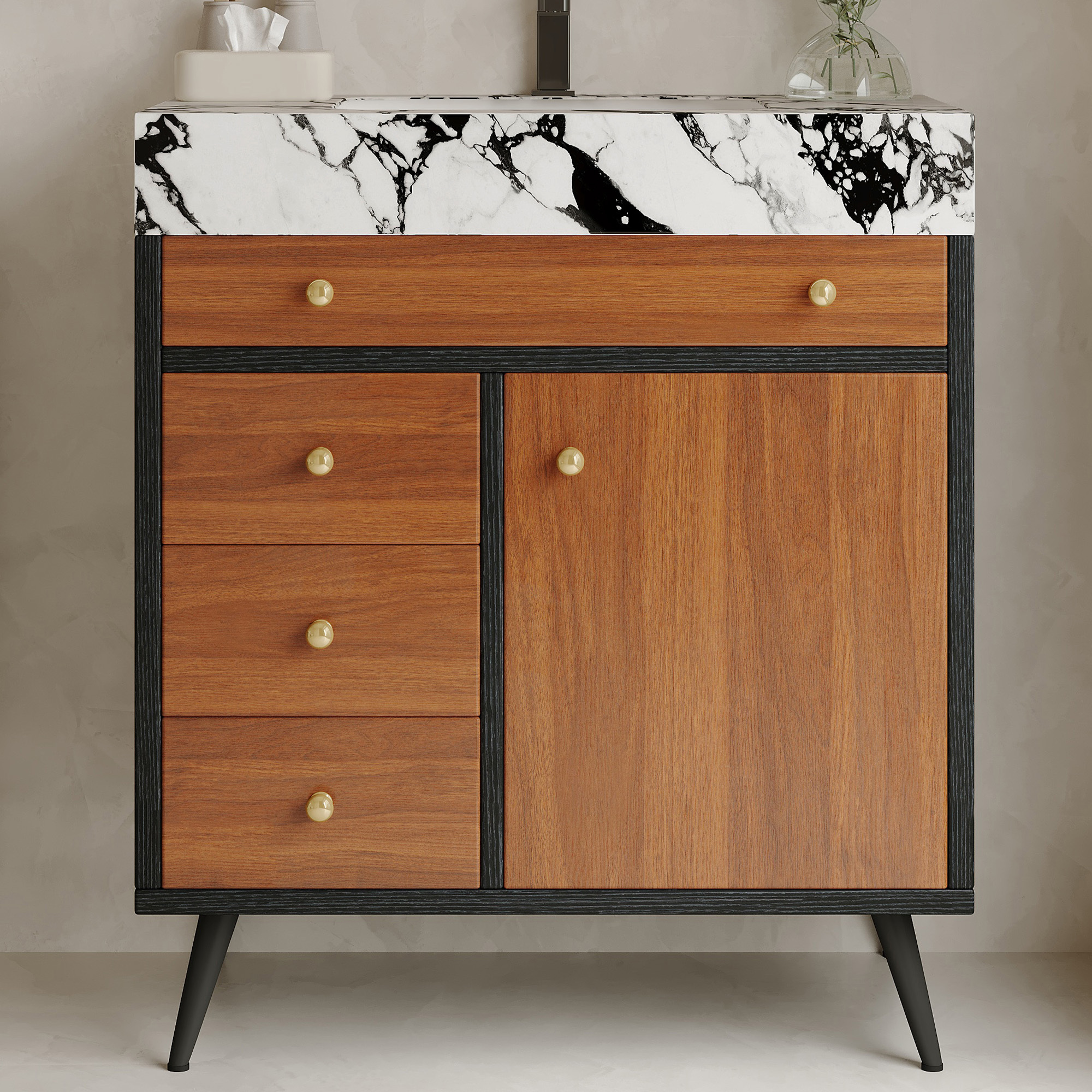30-Inch Modern Free-Standing Bathroom Vanity with Sintered Stone Top, Ceramic Sink & Soft-Close Drawers