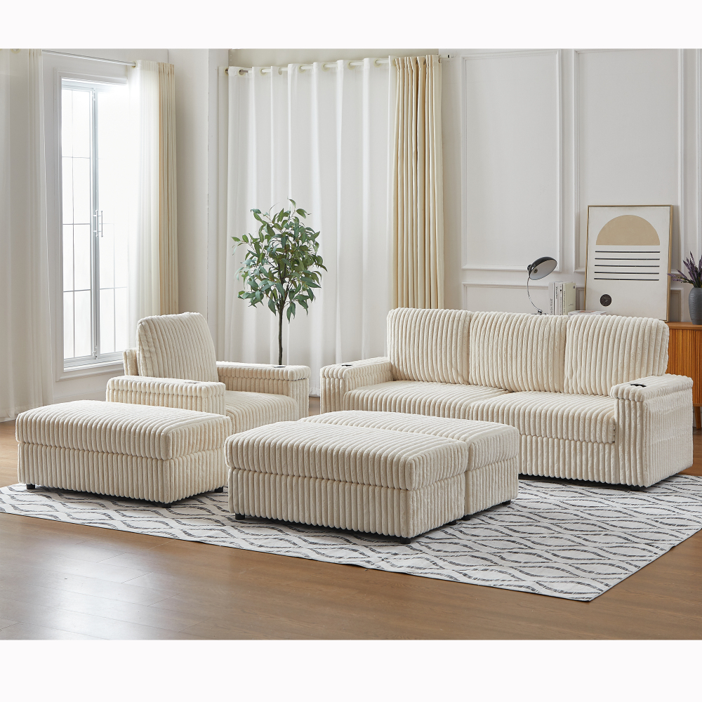 Luxury Corduroy Modular Sectional Sofa Set with Deep Seat, Reclining Armchair & Storage Ottoman