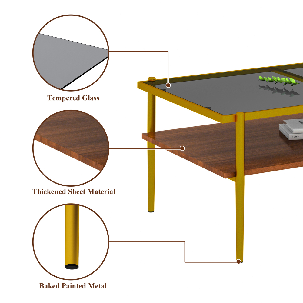 Modern Rectangle Coffee Table with Tempered Glass Top & Gold Metal Legs - Stylish Living Room Center Table with Lower Shelf Storage