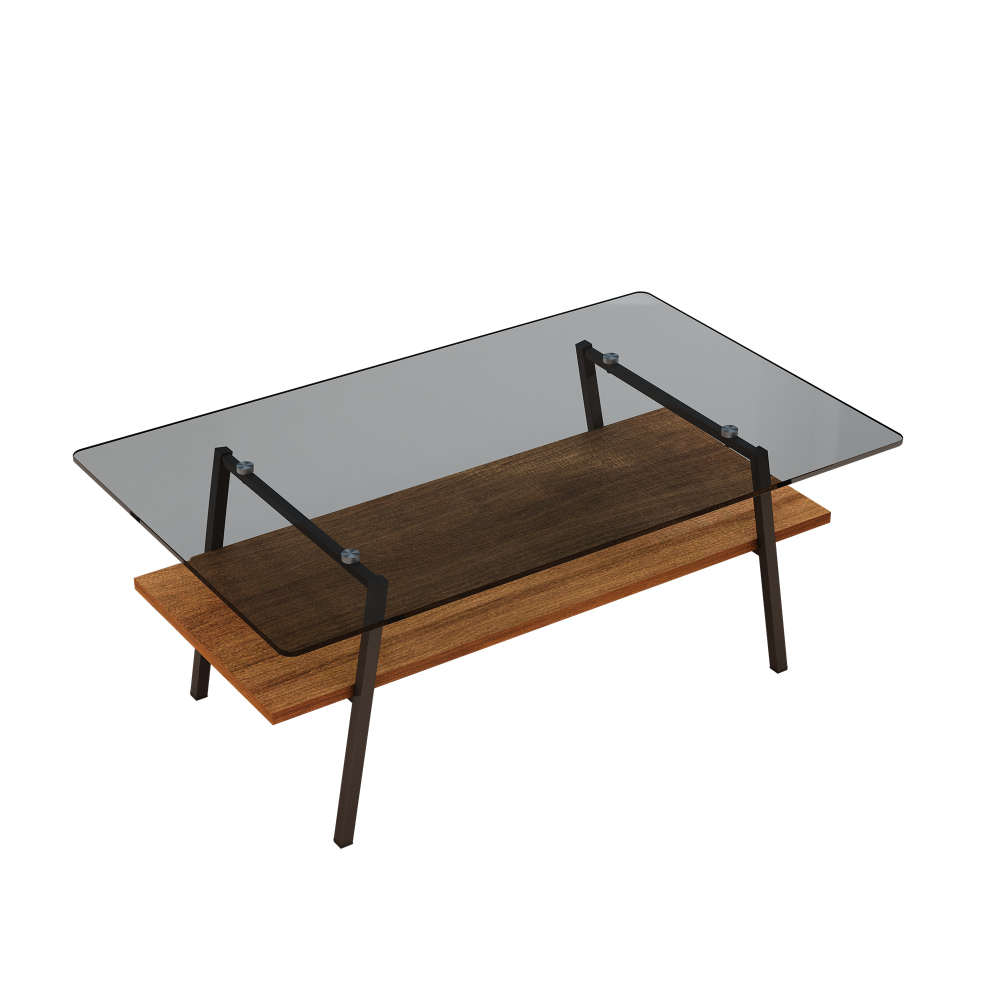 Modern Rectangle Coffee Table with Tempered Gray Glass Top and Storage Shelf - Contemporary Living Room Accent Furniture