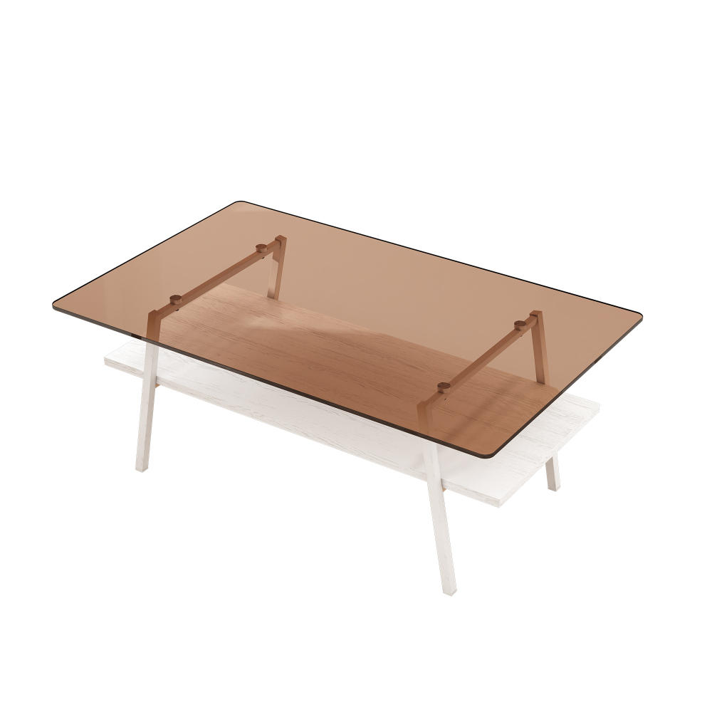 Modern Rectangle Coffee Table with Tempered Brown Glass Top & White Metal Legs, Contemporary Living Room Furniture with MDF Storage Shelf